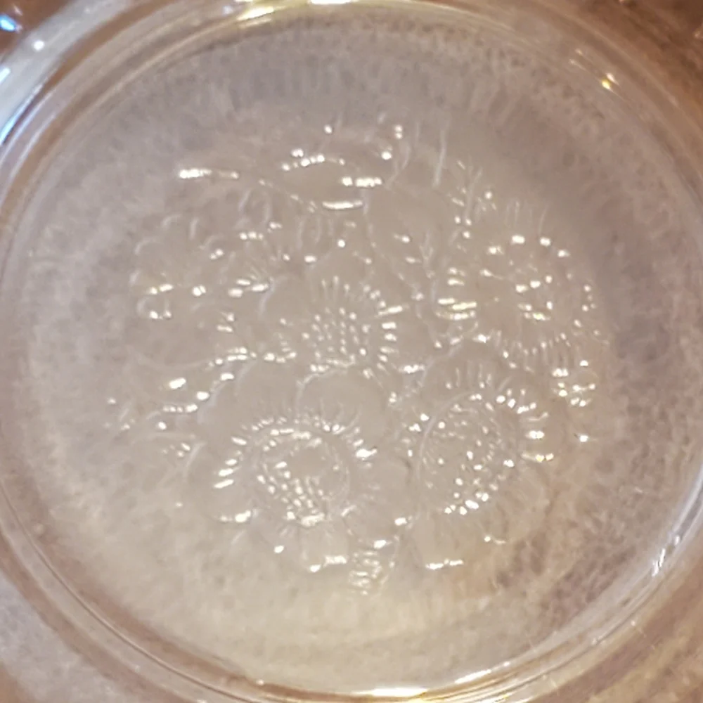 Vintage frosted pink Depression glass square serving bowl with handles